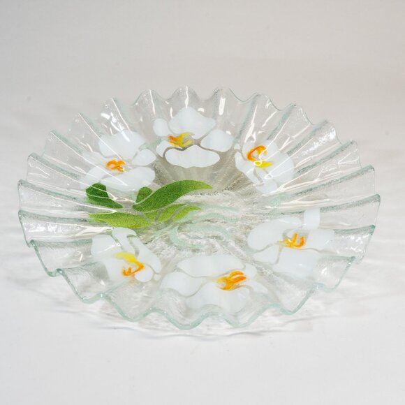 Sydenstricker 12" White Orchids Fused Ruffled Glass Serving Plate - Picture 1 of 5